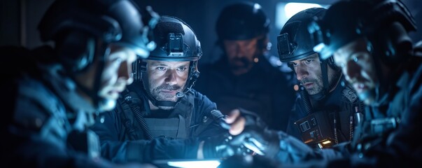 Obraz premium Special ops team planning in dim light