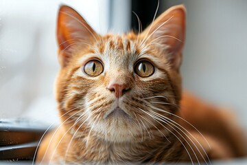 Portrait of a red cat with yellow eyes looking at the camera