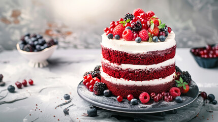 Red Velvet cake with a bright white cream texture, adorned with berries. Holiday desserts.