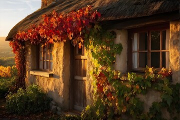 aerial view of a rustic vineyard cottage nestled in a canopy of vines leaves showcasing autumns color palette © Stefan Schurr