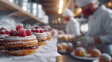   A bakery brimming with sweet treats, dusted with powdered sugar, and adorned with ripe raspberries