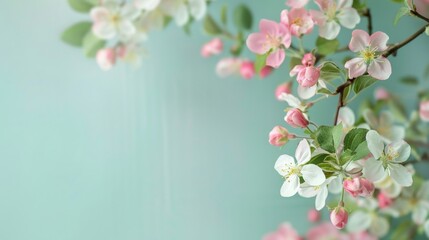 A light blue background with pink and white apple blossoms on the right side, creating an elegant spring backdrop for product display or promotional content.
