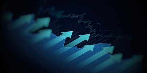 financial graph with uptrend line and arrows in stock market on blue color background

