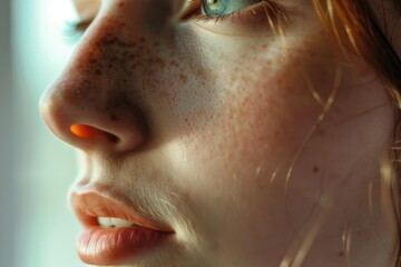 Close-up of a woman with freckles. Suitable for beauty and skincare concepts