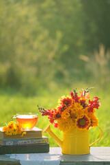 flowers in watering can, glass tea cup and books on table in garden, natural background. summer...