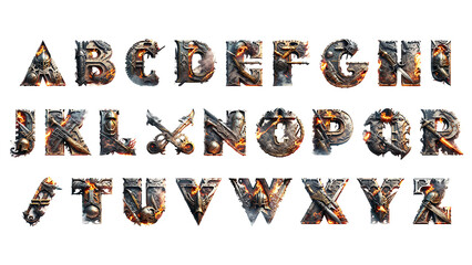 Epic Metalic, Fire and Weapons 3D alphabet, isolated in transparent Background