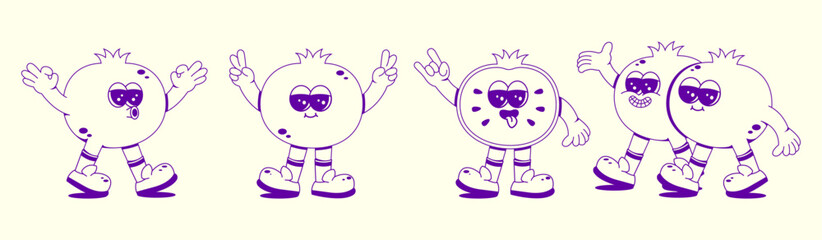 Groovy blueberry set. Funny vintage character in trendy retro linear style. Doodle Comic collection.