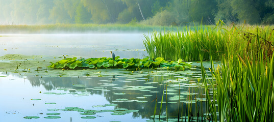 A panoramic view of a lush wetland, teeming with water lilies and reeds, with a heron poised in the water in the early morning light