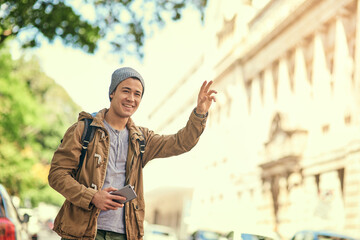 Asian man, city and hand hail or travel transportation with cellphone for taxi app, commute or...
