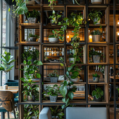 A close up of contemporary boho rustic bookshelf  with plants, that serves as a modern decorative partition-element.
