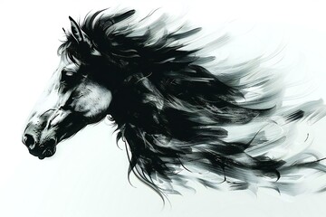 Horse head with black mane on white background, art illustration