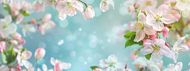 A light blue background with pink and white apple blossoms on the right side, creating an elegant spring backdrop for product display or promotional content.