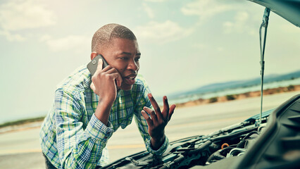 Black man, talk and phone call for car problem on road, app and roadside assistance for auto...