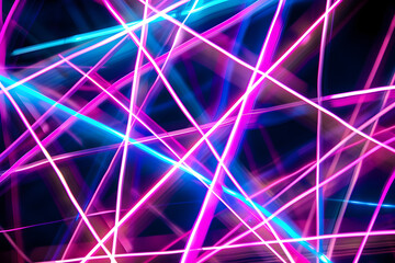 Electric neon lines intersecting in futuristic design. Abstract art on black background.