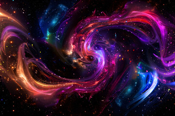 Abstract neon galaxy with swirling patterns and glowing stars. Stunning art on black background.