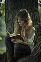 Obraz premium Woman Reading Book Under Tree