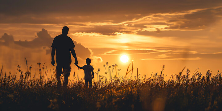 A silhouette of a father holding his child's hand walking at sunset, happy fathers day celebration.