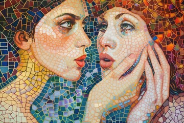 Image of two women posing with hands on cheeks. Suitable for beauty and skincare concepts
