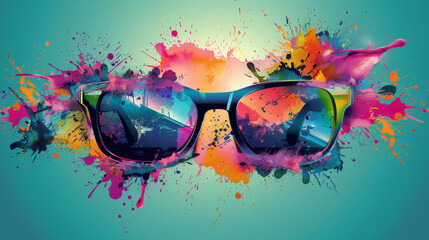 A colorful splash of paint with a pair of sunglasses in the middle