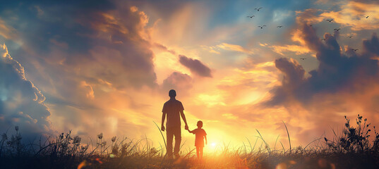 A silhouette of a father holding his child's hand walking at sunset, happy fathers day celebration.
