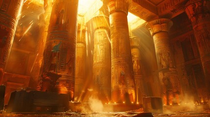 Sunlight streams through temple roof, illuminating hieroglyphics and towering columns.