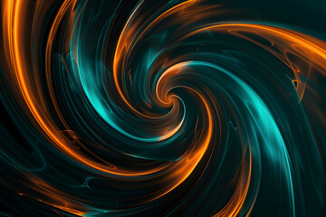 Neon swirls in teal and orange abstract pattern. Stunning art on black background.