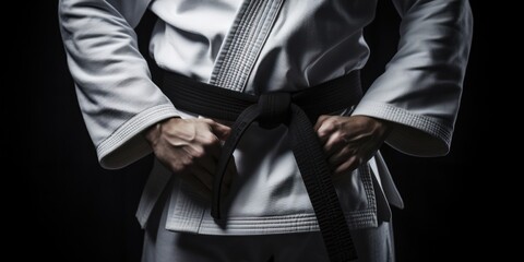 Karate Practitioner Fastening Black Belt. Martial Artist Preparing For Training. Symbol Of Discipline. Generative AI