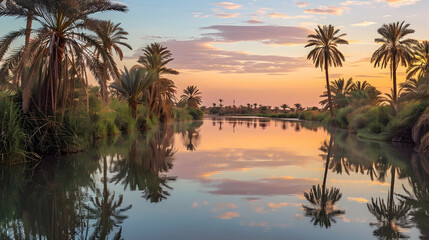 A panoramic view of a desert oasis spring, palm trees reflecting on the tranquil water surface at sunset