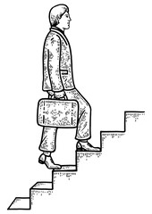 Businessman climbs stairs sketch engraving PNG
