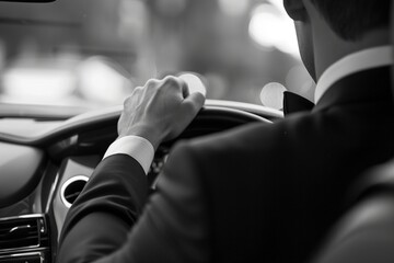 A man in a suit driving a car, holding the steering wheel with focus and determination