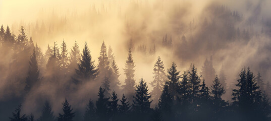 Fototapeta premium A panoramic view of a dense forest with layers of fog settling between the trees at sunrise, captured in ultra HD to showcase the depth and mystery of the woodland