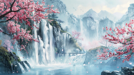 Watercolor painting of a waterfall with sakura cherry blossoms in spring, peaceful background