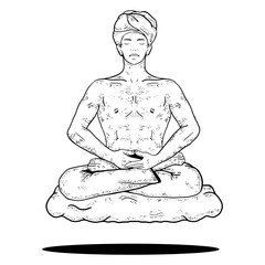 Yogi meditating floating on cloud sketch PNG