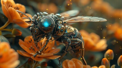 Close-up of a futuristic mechanical bee with intricate design elements harvesting nectar from deep orange blossoms