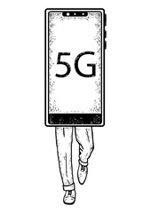 Smart phone 5G walks on its feet sketch PNG