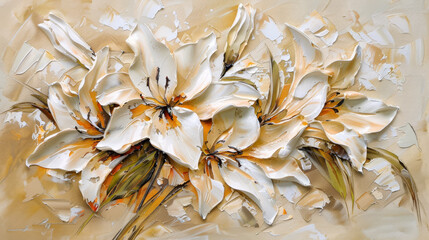 A painting of a bouquet of white lilies with green leaves