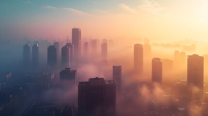 A city skyline is covered in PM2.5 dust, with the sun peeking through the clouds