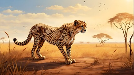 Cheetah hunting in a savanna, digital artwork - obrazy, fototapety, plakaty
