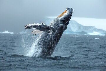 Fototapeta premium A majestic humpback whale emerges from freezing Arctic waters, breaching with iceberg background