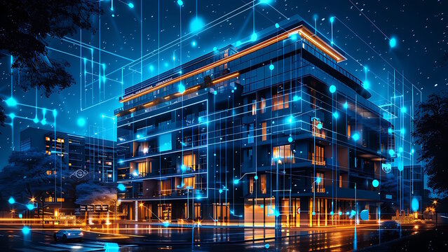 Smart hotel management dashboard, modern hotel in a metropolis with Generative AI.