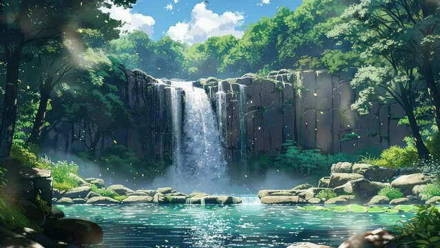 tranquil jungle river waterfall scenery seamless animation 4k video loop. created with ai