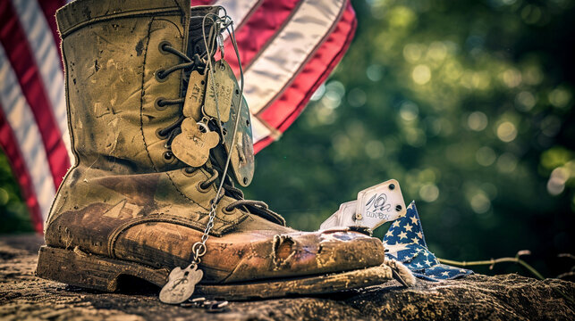 Close-up of a worn combat boot dog tags and an American flag at a war memorial symbolizing the sacrifice of soldiers on Memorial Day. - Powered by Adobe