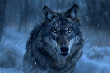 Grey wolf in the forest during a snowfall,   rendering