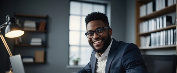 Fototapeta premium Computer, typing and black man with smile in office for research with corporate legal case for startup, Technology, happy and African attorney working on law procedure for policy review on desktop