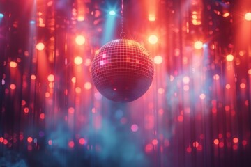 A mesmerizing disco ball hangs amidst shimmering red bokeh lights, exuding a party atmosphere