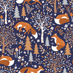 Seamless vector pattern with cute hand drawn fox, birch trees, leaves, mushrooms and flowers. Perfect for textile, wallpaper or nursery print design.