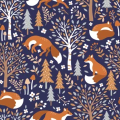 Seamless vector pattern with cute hand drawn fox, birch trees, leaves, mushrooms and flowers. Perfect for textile, wallpaper or nursery print design. © MirabellePrint