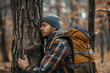 Obraz premium Man Backpack Climbing Up Tree