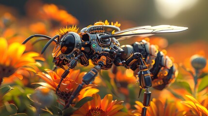 Advanced robotic bee depicted with shimmering wings and precision engineering among bright, inviting flowers at dusk