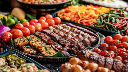 A sumptuous buffet spread featuring grilled meats, fresh vegetables, and a variety of salads, perfect for any celebration or event.